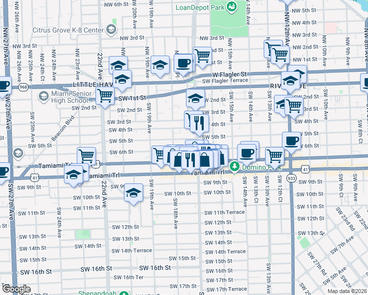 map of restaurants, bars, coffee shops, grocery stores, and more near in Miami