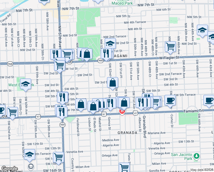 map of restaurants, bars, coffee shops, grocery stores, and more near 5281 Southwest 5th Street in Coral Gables