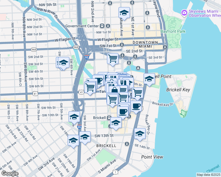 map of restaurants, bars, coffee shops, grocery stores, and more near 88 Southwest 7th Street in Miami