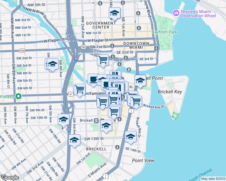 map of restaurants, bars, coffee shops, grocery stores, and more near 3 Southwest 8th Street in Miami