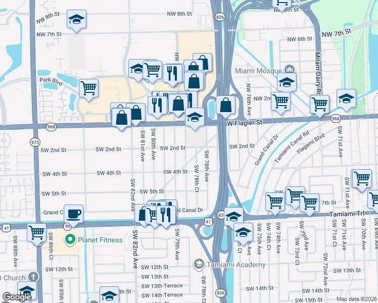 map of restaurants, bars, coffee shops, grocery stores, and more near 308 Central Boulevard in Miami