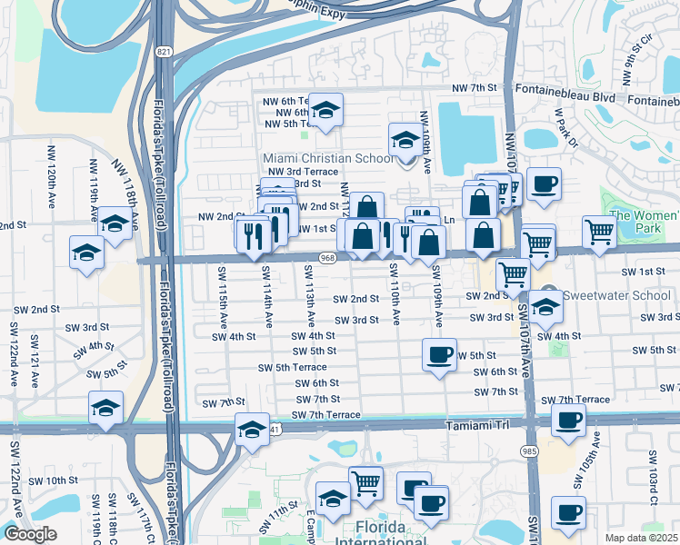 map of restaurants, bars, coffee shops, grocery stores, and more near 11225 Southwest 1st Street in Miami