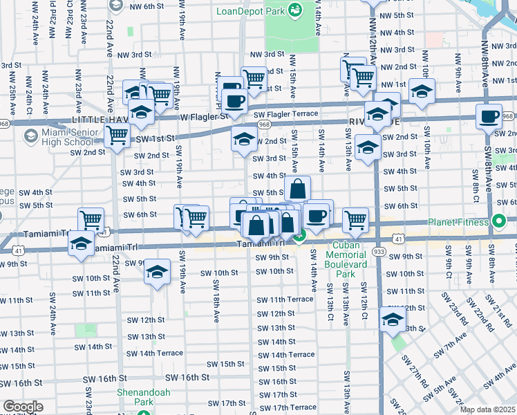 map of restaurants, bars, coffee shops, grocery stores, and more near 628 Southwest 16th Avenue in Miami