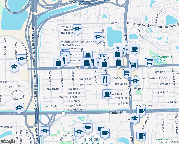 map of restaurants, bars, coffee shops, grocery stores, and more near 11116 Southwest 1st Street in Miami