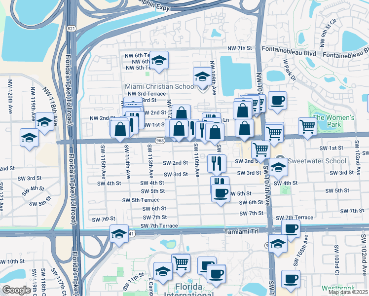 map of restaurants, bars, coffee shops, grocery stores, and more near 11116 Southwest 1st Street in Miami