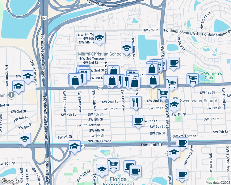 map of restaurants, bars, coffee shops, grocery stores, and more near 11116 Southwest 1st Street in Miami