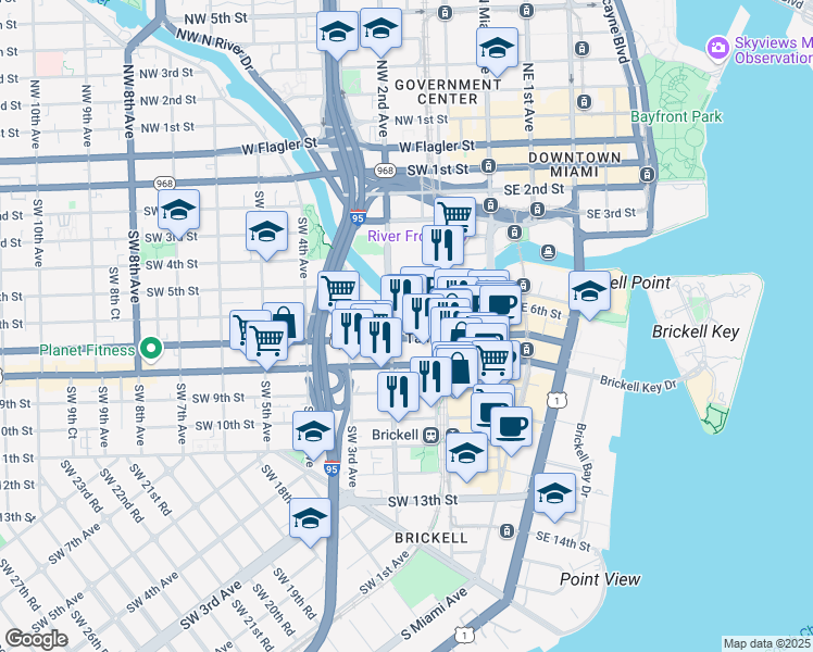 map of restaurants, bars, coffee shops, grocery stores, and more near 175 Southwest 7th Street in Miami