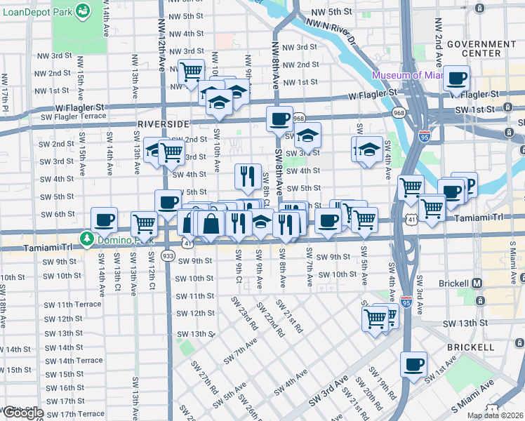 map of restaurants, bars, coffee shops, grocery stores, and more near in Miami