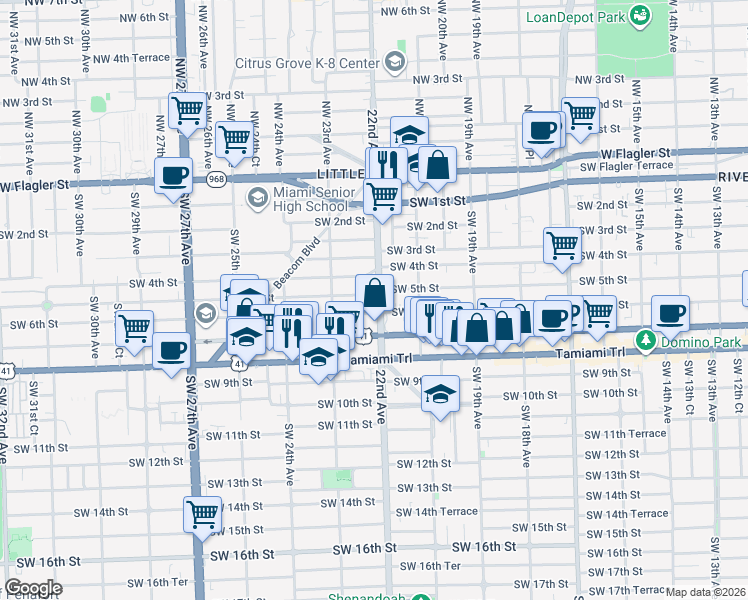 map of restaurants, bars, coffee shops, grocery stores, and more near 2144 Southwest 6th Street in Miami