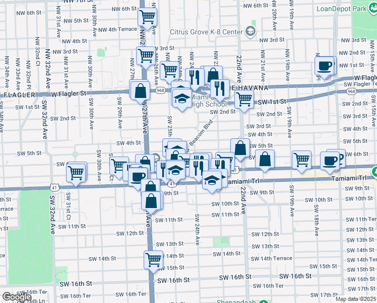 map of restaurants, bars, coffee shops, grocery stores, and more near 2400 Southwest 6th Street in Miami