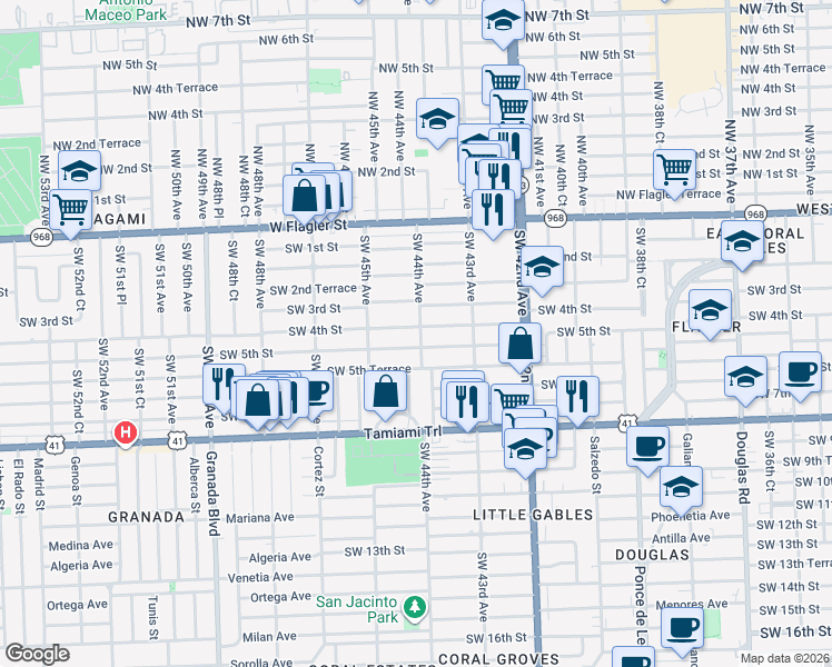 map of restaurants, bars, coffee shops, grocery stores, and more near 4420 Southwest 5th Street in Coral Gables
