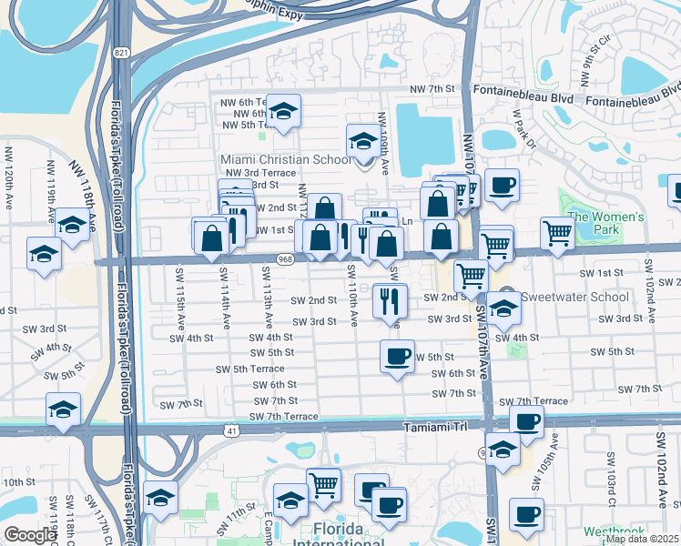 map of restaurants, bars, coffee shops, grocery stores, and more near 11116 Southwest 1st Street in Miami