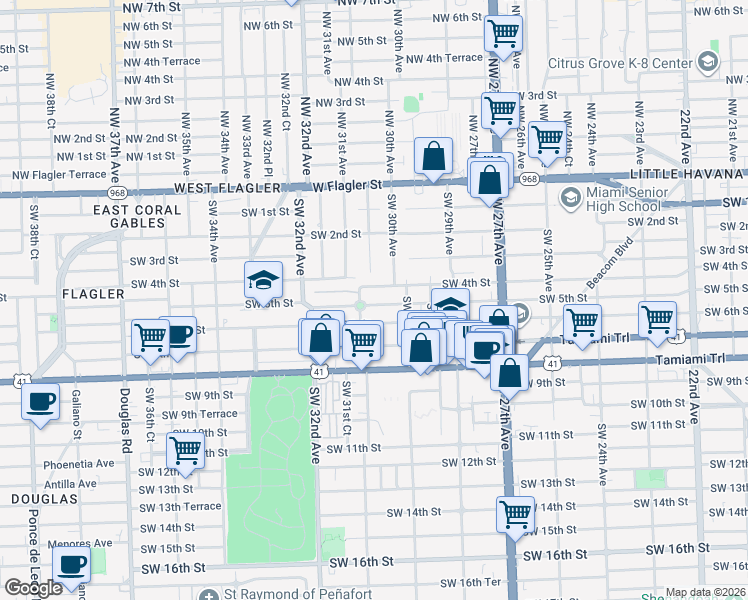 map of restaurants, bars, coffee shops, grocery stores, and more near 3039 Southwest 6th Street in Miami