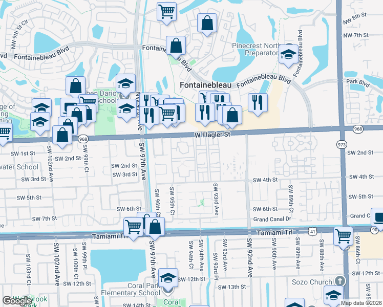 map of restaurants, bars, coffee shops, grocery stores, and more near 9401 Southwest 4th Street in Miami