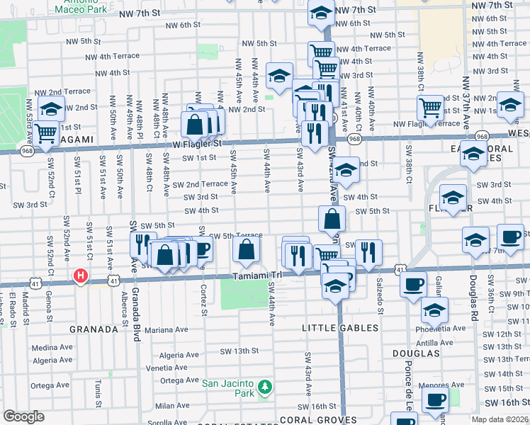 map of restaurants, bars, coffee shops, grocery stores, and more near 4420 Southwest 5th Street in Coral Gables