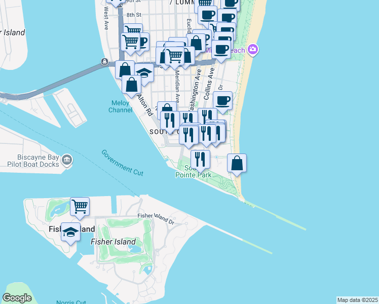 map of restaurants, bars, coffee shops, grocery stores, and more near 300 South Pointe Drive in Miami Beach