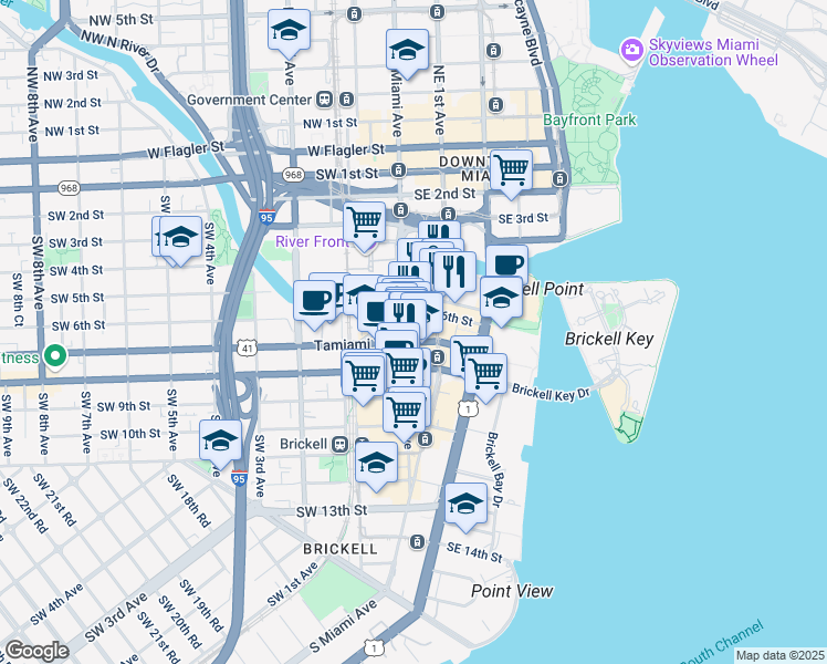 map of restaurants, bars, coffee shops, grocery stores, and more near 701 South Miami Avenue in Miami