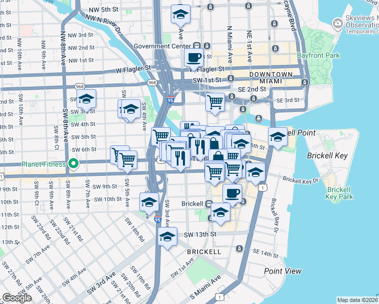 map of restaurants, bars, coffee shops, grocery stores, and more near 201 Southwest 6th Street in Miami