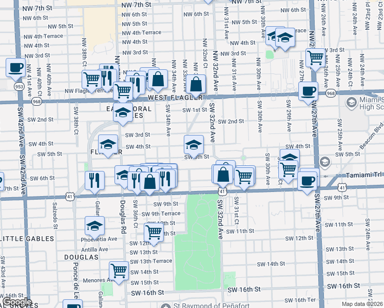 map of restaurants, bars, coffee shops, grocery stores, and more near 338 Southwest 33rd Avenue in Miami