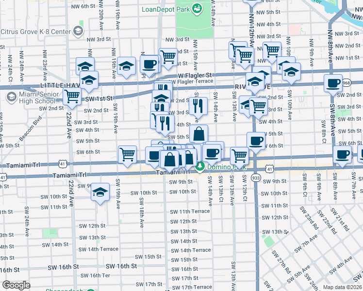 map of restaurants, bars, coffee shops, grocery stores, and more near 1600 Southwest 5th Street in Miami