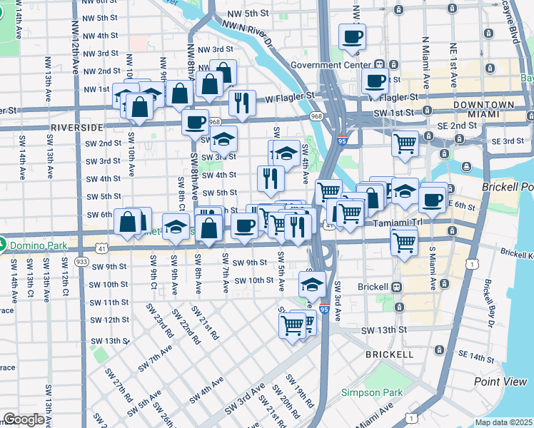 map of restaurants, bars, coffee shops, grocery stores, and more near 521 Southwest 6th Street in Miami
