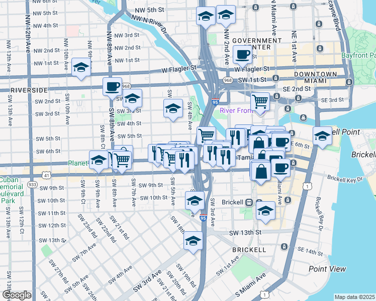 map of restaurants, bars, coffee shops, grocery stores, and more near 525 Southwest 4th Avenue in Miami