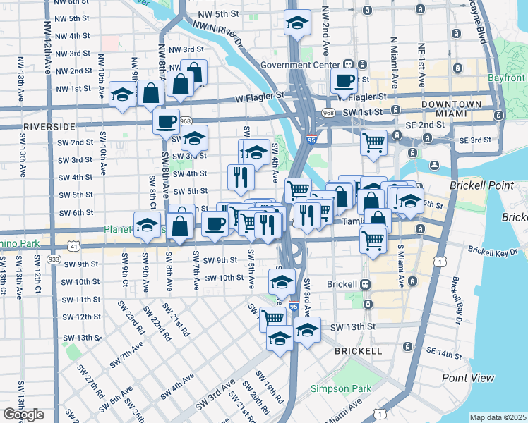 map of restaurants, bars, coffee shops, grocery stores, and more near 461 Southwest 6th Street in Miami