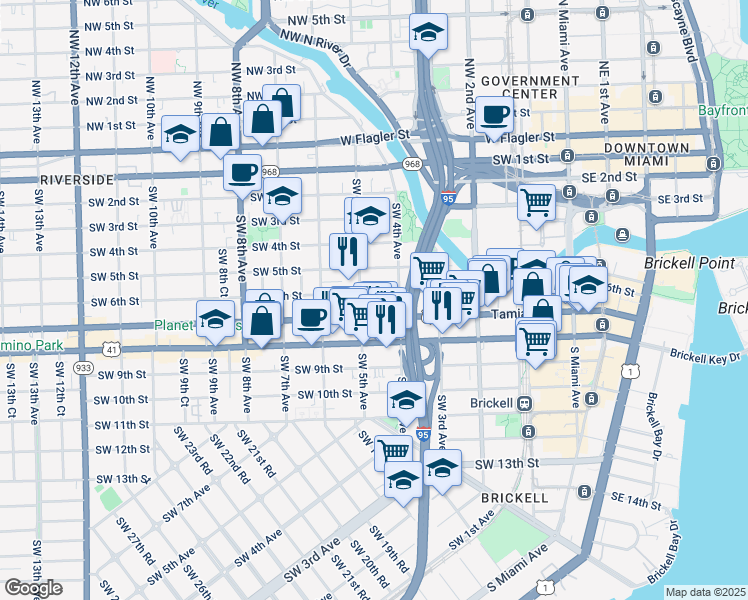 map of restaurants, bars, coffee shops, grocery stores, and more near 461 Southwest 6th Street in Miami