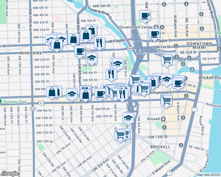 map of restaurants, bars, coffee shops, grocery stores, and more near 521 Southwest 6th Street in Miami