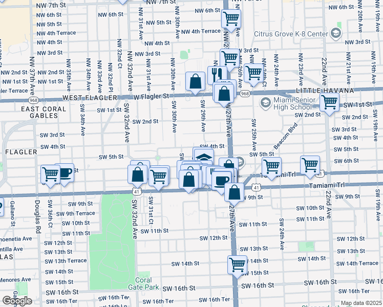 map of restaurants, bars, coffee shops, grocery stores, and more near 2979 Southwest 4th Street in Miami