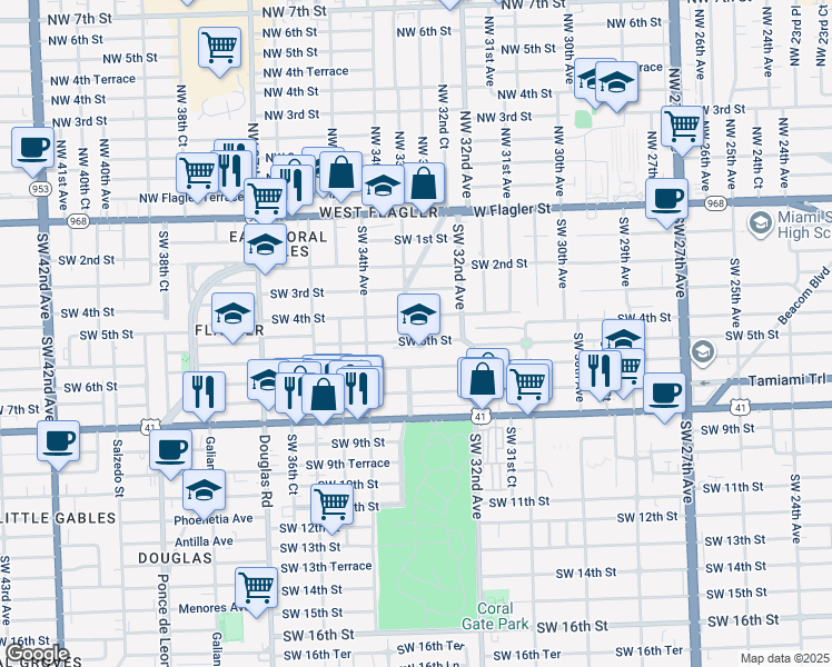 map of restaurants, bars, coffee shops, grocery stores, and more near 338 Southwest 33rd Avenue in Miami