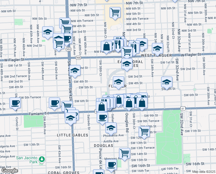 map of restaurants, bars, coffee shops, grocery stores, and more near 305 Ponce de Leon in Coral Gables