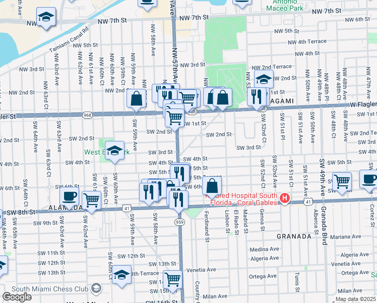 map of restaurants, bars, coffee shops, grocery stores, and more near 5670 Southwest 2nd Street in Coral Gables