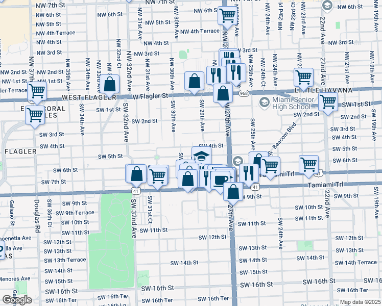 map of restaurants, bars, coffee shops, grocery stores, and more near 2979 Southwest 4th Street in Miami