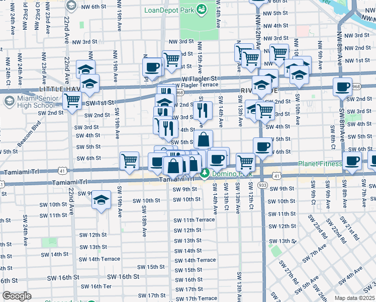 map of restaurants, bars, coffee shops, grocery stores, and more near 1600 Southwest 5th Street in Miami