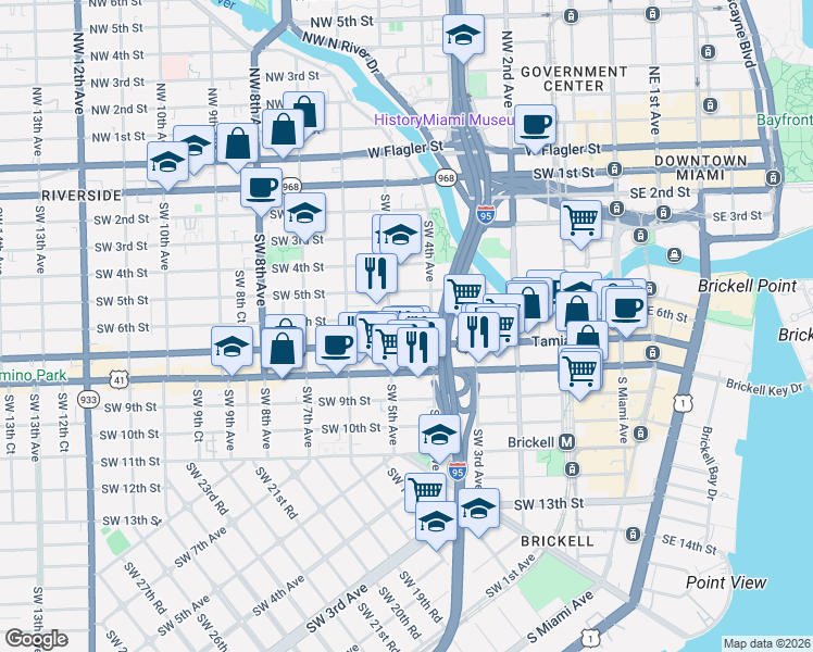 map of restaurants, bars, coffee shops, grocery stores, and more near 450 Southwest 6th Street in Miami