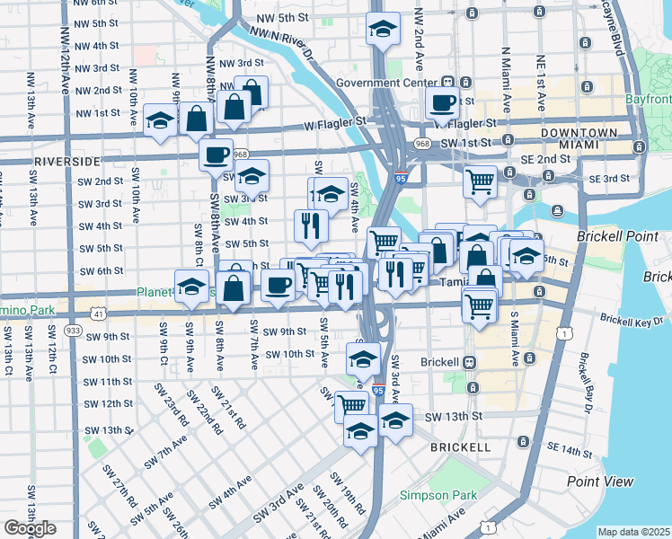 map of restaurants, bars, coffee shops, grocery stores, and more near 450 Southwest 6th Street in Miami