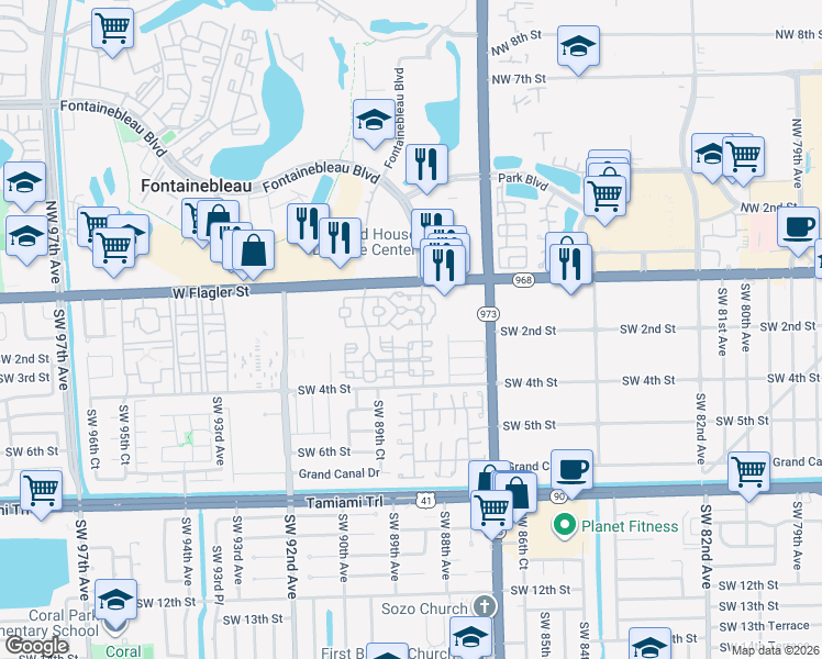 map of restaurants, bars, coffee shops, grocery stores, and more near 8836 West Flagler Street in Miami