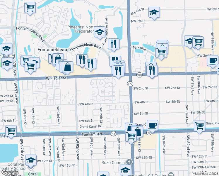 map of restaurants, bars, coffee shops, grocery stores, and more near 8836 West Flagler Street in Miami