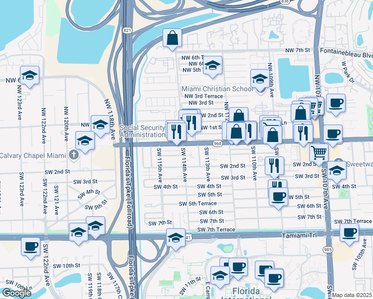 map of restaurants, bars, coffee shops, grocery stores, and more near 11391 West Flagler Street in Miami