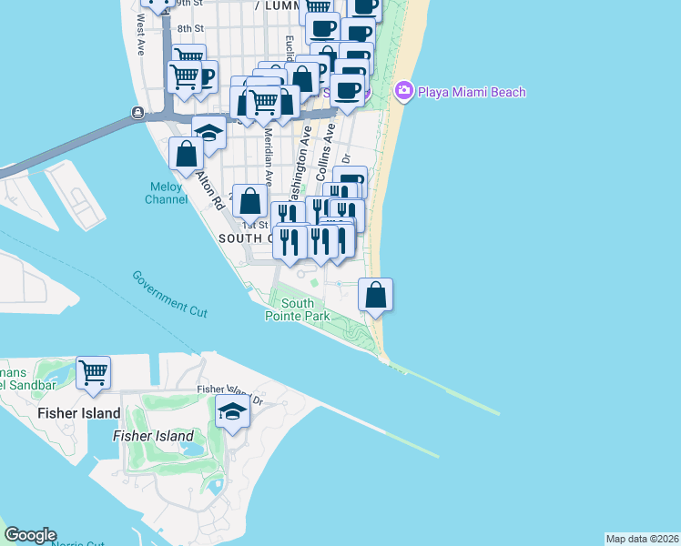 map of restaurants, bars, coffee shops, grocery stores, and more near 50 South Pointe Drive in Miami Beach