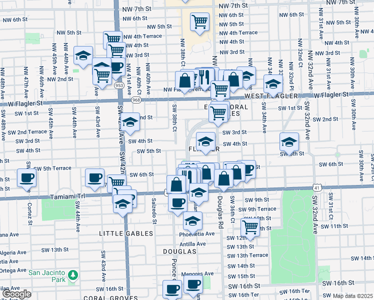 map of restaurants, bars, coffee shops, grocery stores, and more near 305 Ponce de Leon in Coral Gables