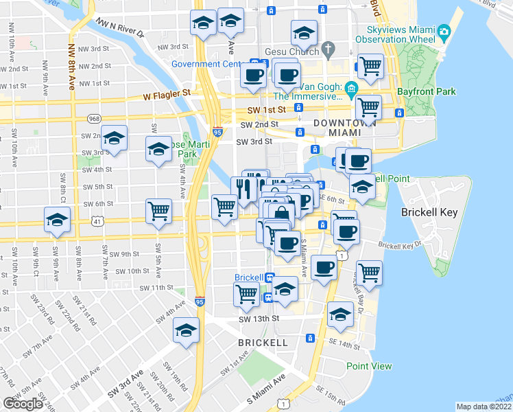 map of restaurants, bars, coffee shops, grocery stores, and more near 609 Southwest 1st Avenue in Miami