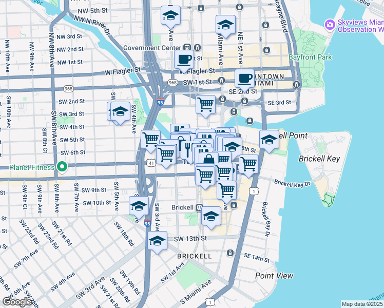map of restaurants, bars, coffee shops, grocery stores, and more near 609 Southwest 1st Avenue in Miami