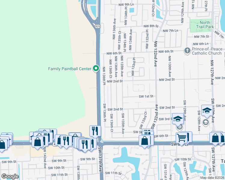 map of restaurants, bars, coffee shops, grocery stores, and more near 132 Northwest 136th Avenue in Miami