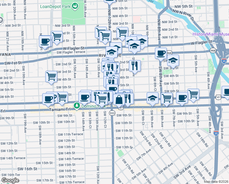 map of restaurants, bars, coffee shops, grocery stores, and more near 1160 Southwest 5th Street in Miami