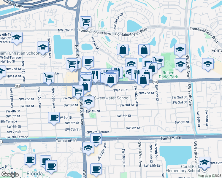 map of restaurants, bars, coffee shops, grocery stores, and more near 10352 West Flagler Street in Miami