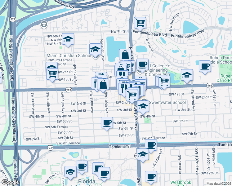 map of restaurants, bars, coffee shops, grocery stores, and more near 10841 Florida 968 in Miami