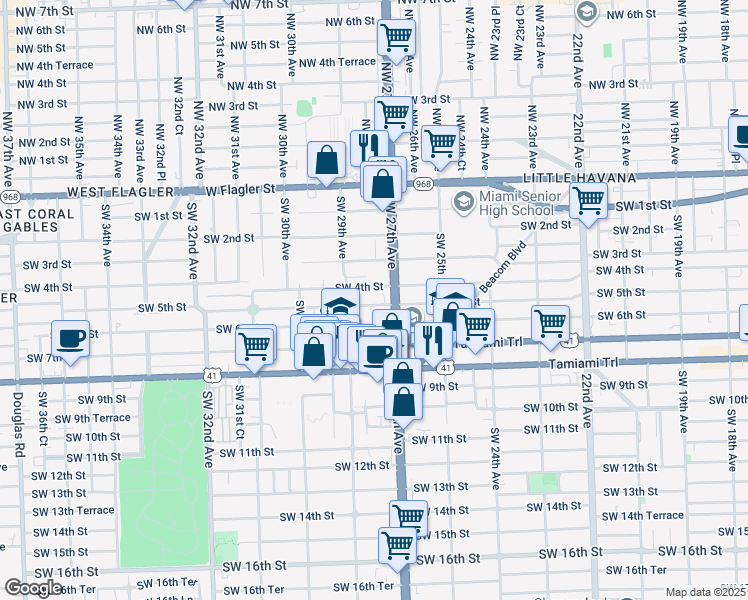 map of restaurants, bars, coffee shops, grocery stores, and more near 2725 Southwest 4th Street in Miami