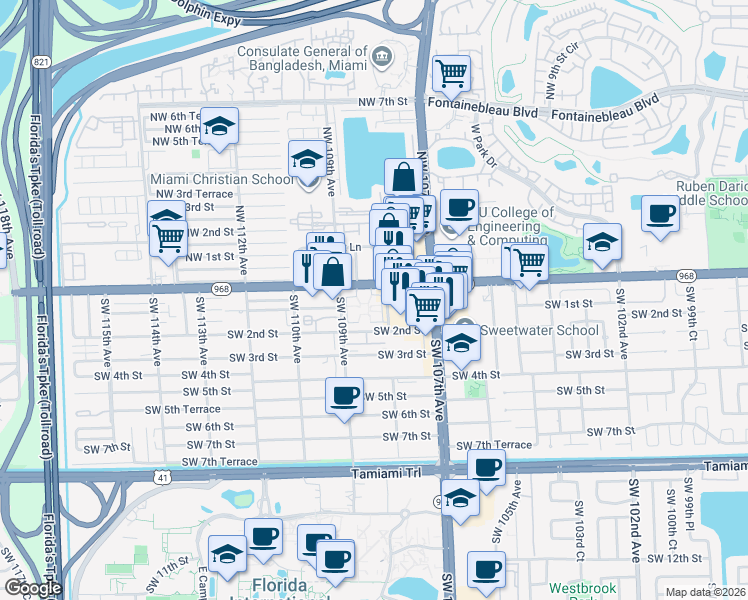 map of restaurants, bars, coffee shops, grocery stores, and more near 10841 Florida 968 in Miami
